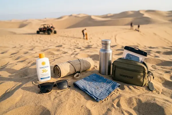 Essential sandboarding accessories laid out on desert sand including sunscreen SPF 30, sunglasses, a bandana, a water bottle, and a small zippered bag with Huacachina dunes in the background.